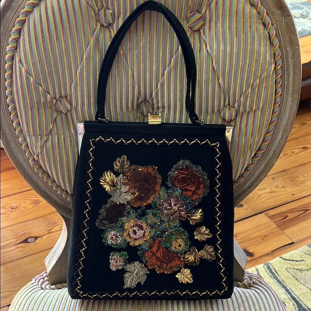 Floral Embroidered Black Handbag by Caron of Houston Texas